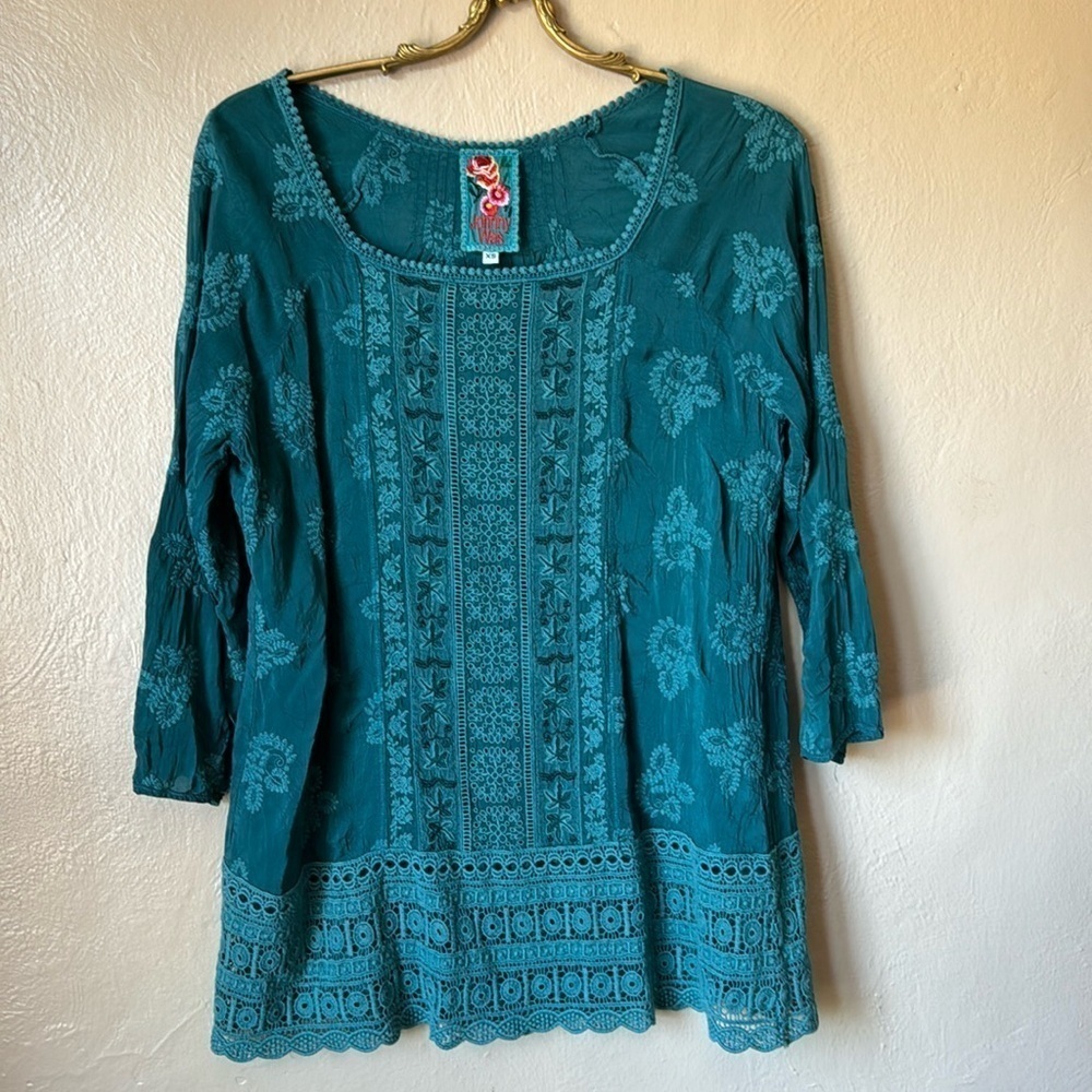 Johnny Was Analuisa Teal Embroidered Tunic Size XS